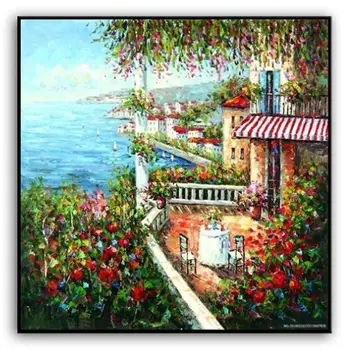

Needlework,DMC full embroidery kit,oil painting spring sea flower garden landscape printed pattern cross stitch wedding gift