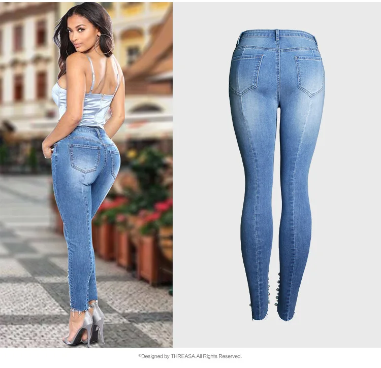 LOGAMI тонкий карандаш джинсовые Для женщин s джинсы с жемчугом 2018 весенние обтягивающие джинсы для Для женщин брюки