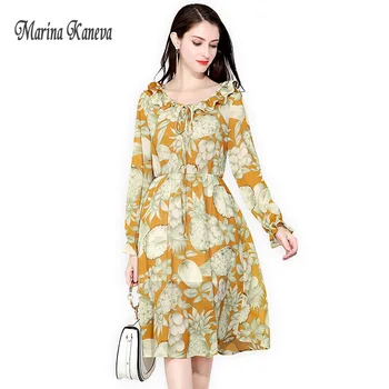 

Women Floral Dress 2018 Fashion Summer Women Chiffon Floral Dress Long Sleeve 4XL Casual Slim Print Woman Dresses Elastic Waist
