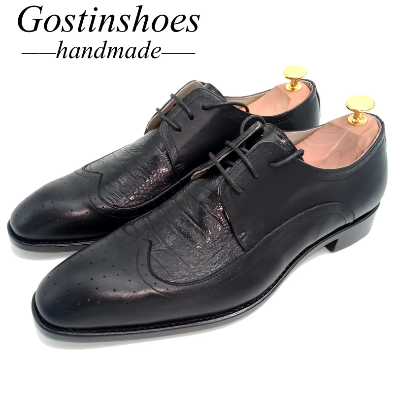 Goodyear Handmade Men Dress Shoes Black Cow Leather Ostrich Skin Shoes Men Formal Business Shoes Lace-up Pointed Toe GSTN011 Goodyear Handmade Men Dress Shoes Black Cow Leather Ostrich Skin Shoes Men Formal Business Shoes Lace-up Pointed Toe GSTN011