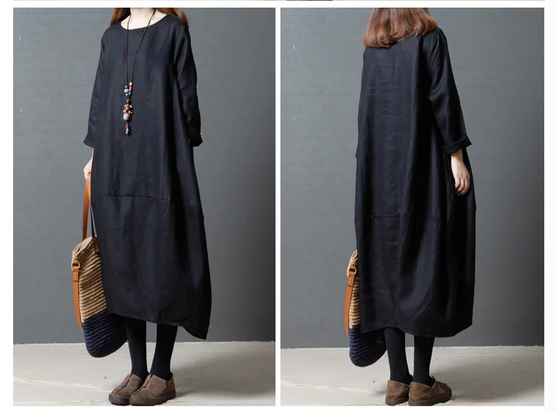 5007 Cotton Linen Dress Fabric Women Autumn Dress 2018 Plus Size Long Sleeve Oversize Casual Black Maternity Linen Dress Maxi Vintage 10