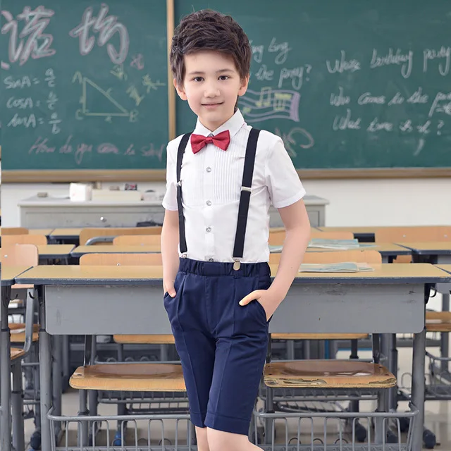 Top strap short tie Г., летняя строгая сорочка для мальчиков и девочек+ шорты+ комбинезон+ галстук, комплект одежды для свадьбы из 4 предметов, Детский Костюм Джентльмена на день рождения - Цвет: Top strap short tie