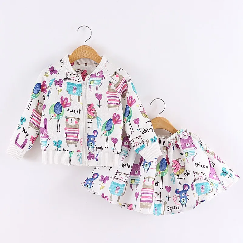 

Retail 2016 Spring and autumn next Cartoons graffiti Long sleeve Brand Girls Clothing Sport Suits Toddler ( Jacket + Skirt