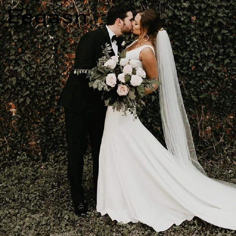 

2019 White Mermaid Stretch Satin Wedding Dresses 2019 Ivory Trumpet Train bridal gown dress Floor Length Design Bride Dresses