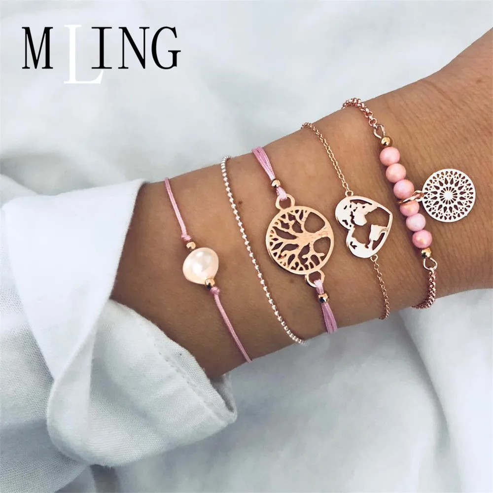 

MLING 5 Pcs/Set newest Tree of Life Gray Pearl World Map Beads Chain Hollow Flower Bracelet For Women Adjustable Jewelry Gifts