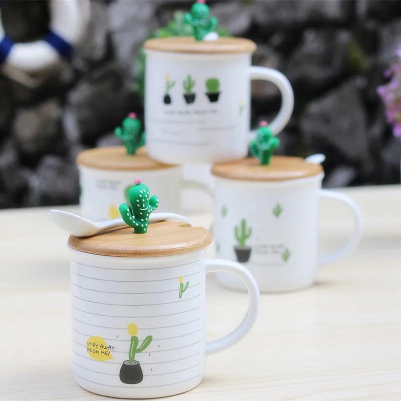 

Cute Cactus Ceramic Mugs Breakfast Milk Coffee Mug Flamingo Cup with Spoon Lid Home Office Water Drinking Cups Creative Gift