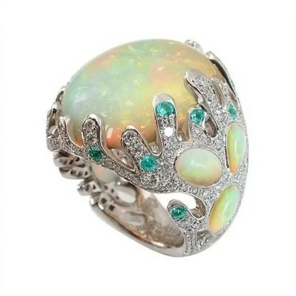 

Women Multicolor Big Oval Faux Moonstone Carved Flowers Finger Ring Jewelry Gift