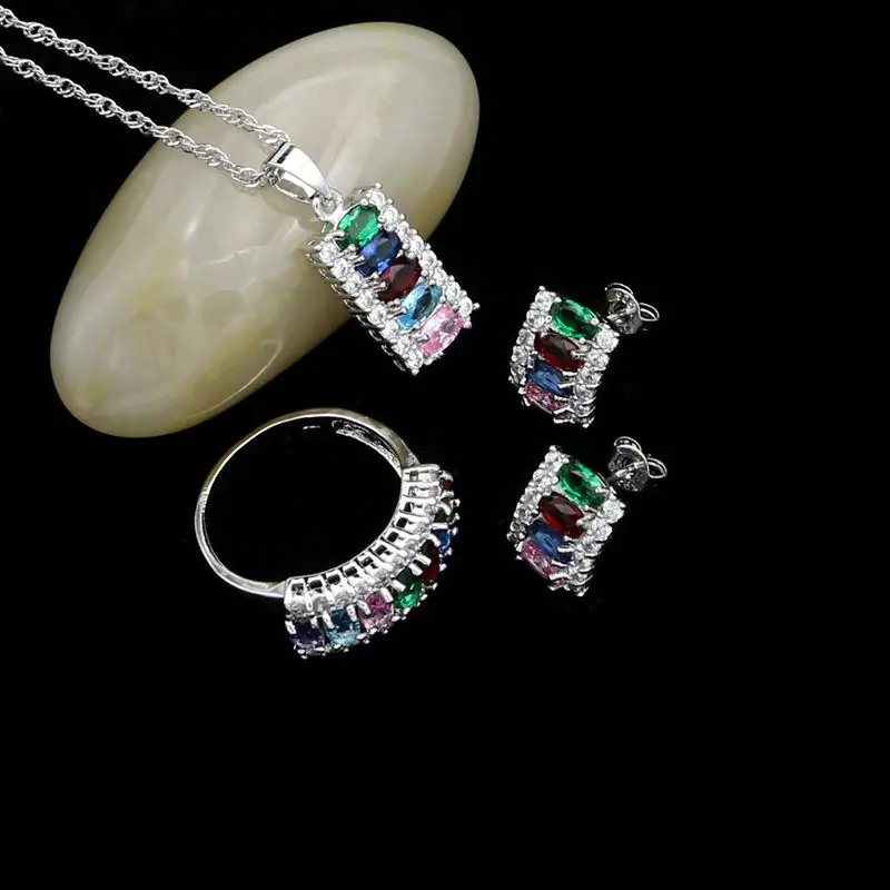 

925 Sterling Silver Bridal Jewelry Sets For Women Multicolor Cubic Zirconia White Crystal Stud Earrings/Pendant/Necklace/Ring