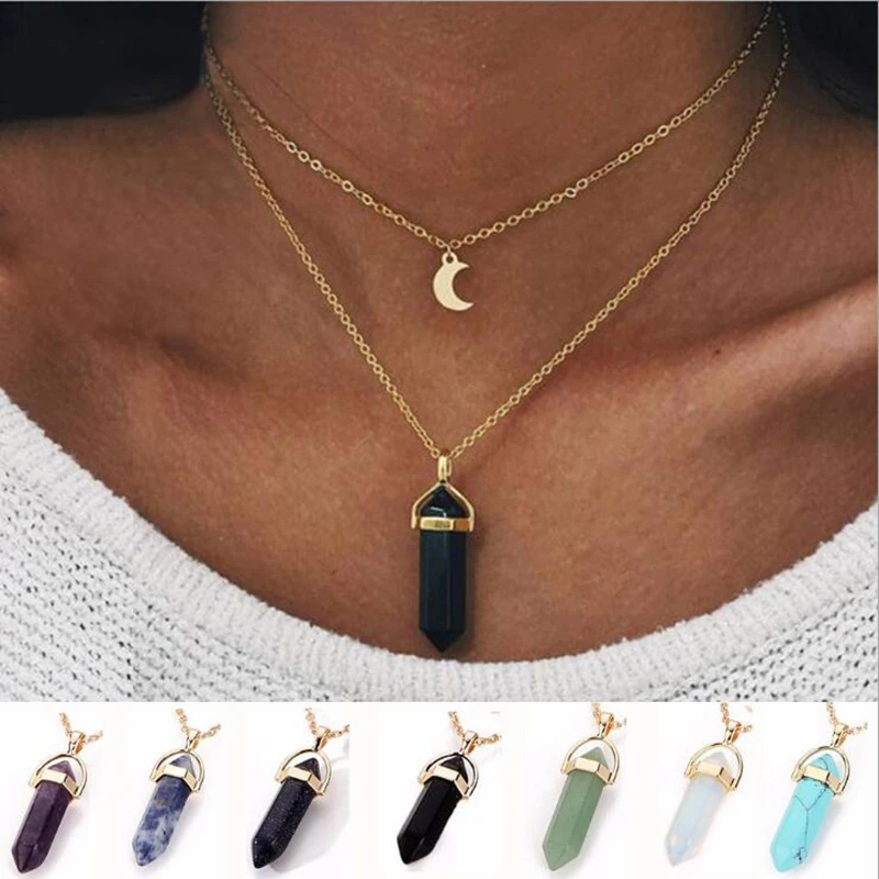 

12 Pcs/Lot 2017 Crystal Stone Pendant Multi-layer Choker Stone Natural Alloy Chain Double Layer Necklace Nice Gift For Lover