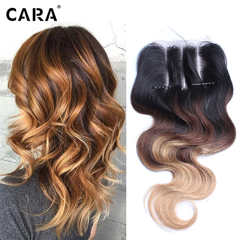 

8A Peruvian Virgin Hair Ombre Body Wave Lace Closure Color 1B/4/27 Virgin Human Hair Free/Middle/Three Part Cara Hair Products