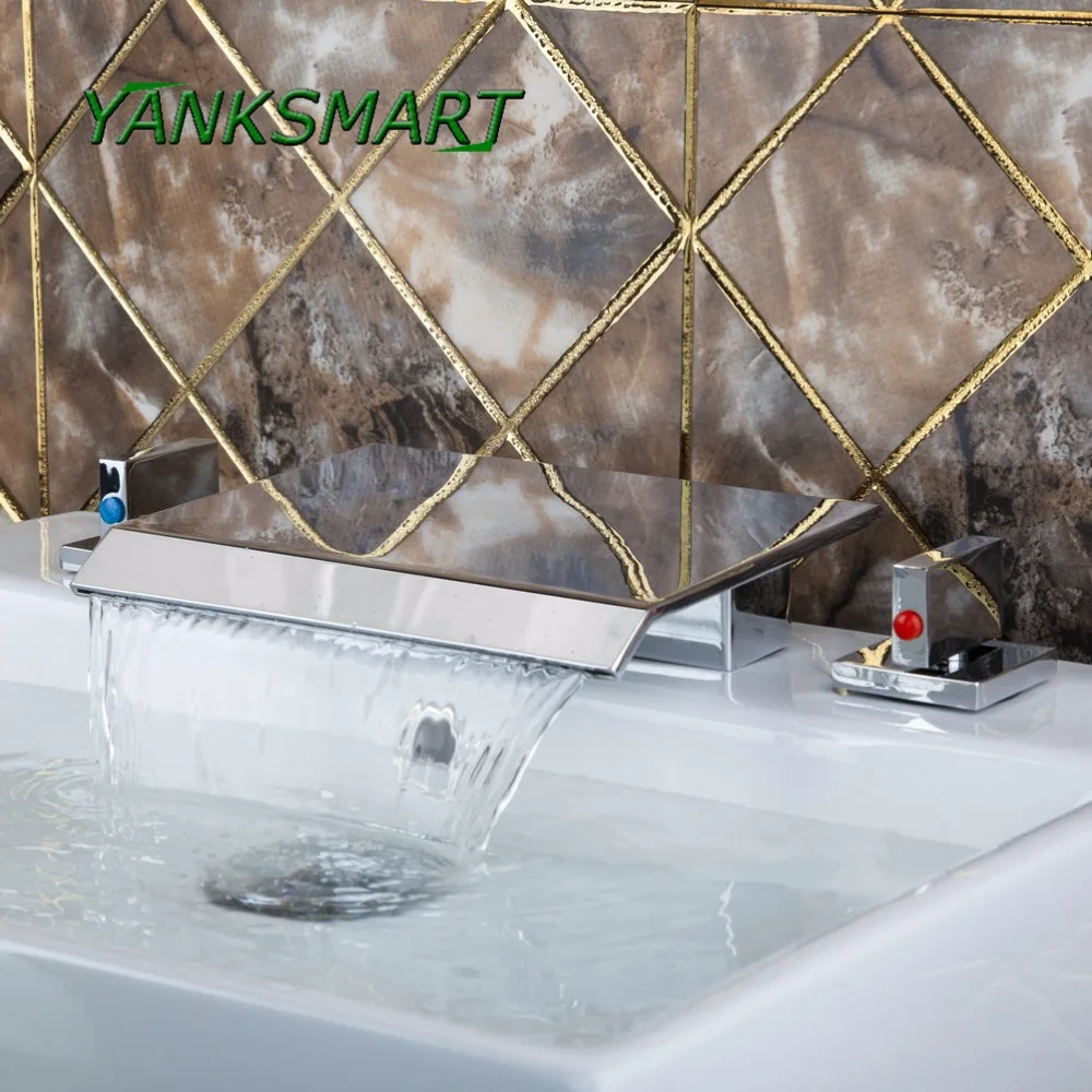 

YANKSMART 3PCS Waterfall Roman bathtub Filler w/ dual handles Chrome Bathroom Bathtub Faucet Tap set