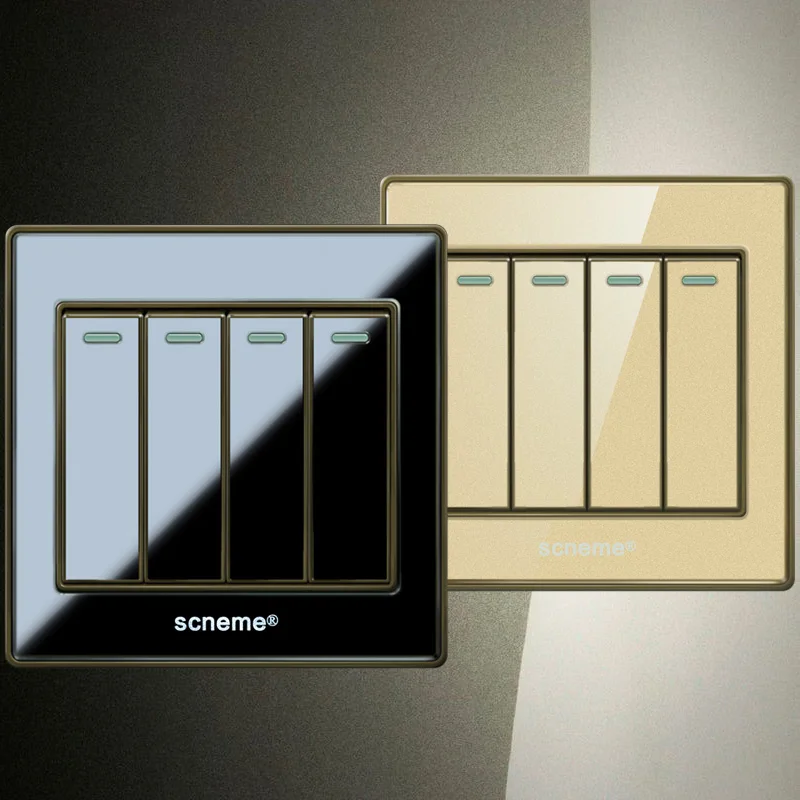 

UK standard Push button switch, Black/Gold Crystal Acrylic Panel Wall Swtich, 4Gang 1way Light Switch, Free Shipping
