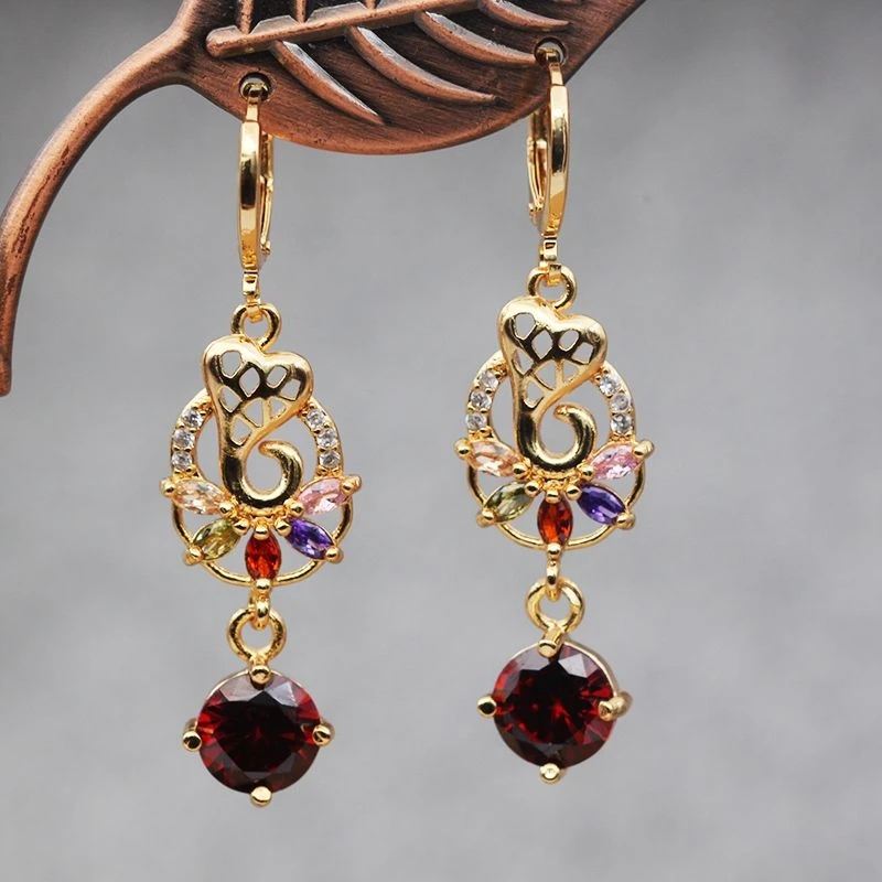 

Bohemian Earrings for Women Gold Filled Butterfly Earring with Red Pink Rainbow Waterdrop Zircons Long Boho Drop Earrings