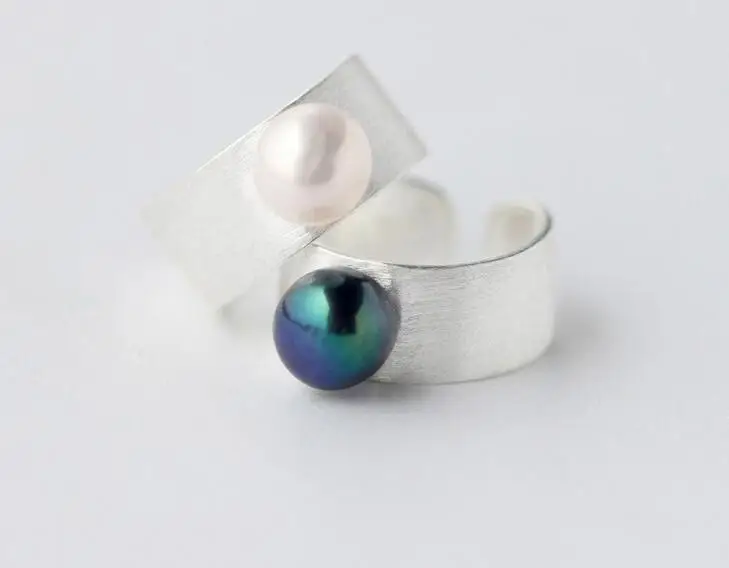 Real 925 Sterling Silver jewelry freshwater cultured black white Pearl Band Ring Thumb Ring For Party