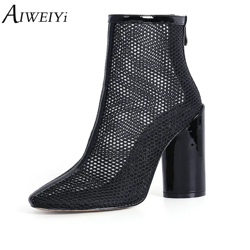

AIWEIYi 2018 Women Ankle Boots Square High Heels Cutouts Sandals Handmade Genuine Leather Women Black White Party Summer Boots