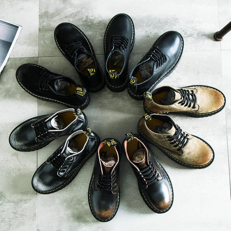 Мотоциклетные ботинки из свиной кожи; женские ботильоны; сезон осень; коллекция года; Модные Ботинки martin на шнуровке; черные короткие ботинки; обувь на массивной платформе