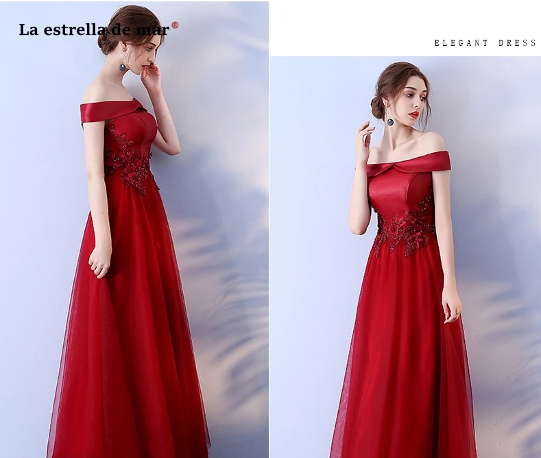 Vestidos de madrinha2019 Новый Тюль атласный цветок жемчужина ожерелье для выреза "лодочка" линии Бордовые Платья для подружки невесты длинный халат