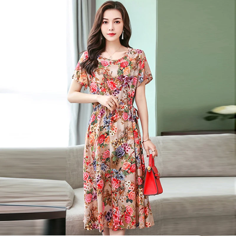 

Plus size 6XL Summer Print Pleated dress women 2019 elegant Short sleeve O-Neck dress Cotton Casual Pockets dress women