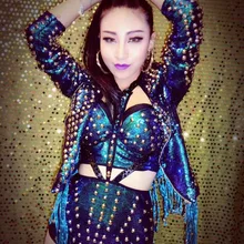 Зеленый заклепки кисточкой панк Jakcet женский костюм певицы пальто бюстгальтер Высокая талия Шорты сценическое представление ночной клуб наряд комплект