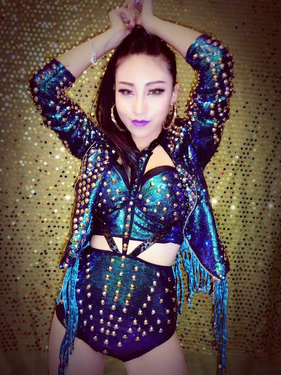 Green Rivets Tassel Punk Jakcet Female Singer Costume Coat Bra High Waist Shorts Stage Performance Nightclub Party Outfit Set |