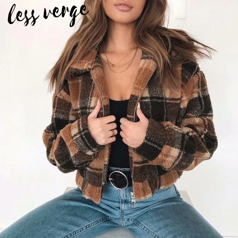 

Lessverge Plaid short casual women faux fur teddy coat Winter long sleeve zipper slim jacket Female elegant warm furry coat 2019