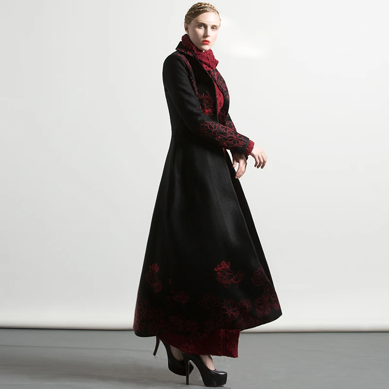 Новая мода S-XXXL осень зима вышивка черное длинное пальто цветочные размера плюс роскошный Тренч женская мусульманская верхняя одежда 6254