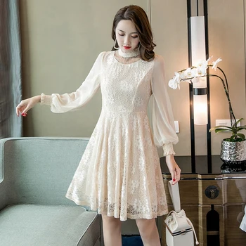 

Autumn plus size elegant lace dress abendkleider stand collar cultivating party Dress lantern sleeve Rhinestone vestido de festa