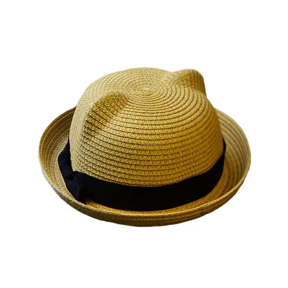 2016 New Baby Straw Hat Summer Kids Cat Ear Decoration Lovely Beach Cap