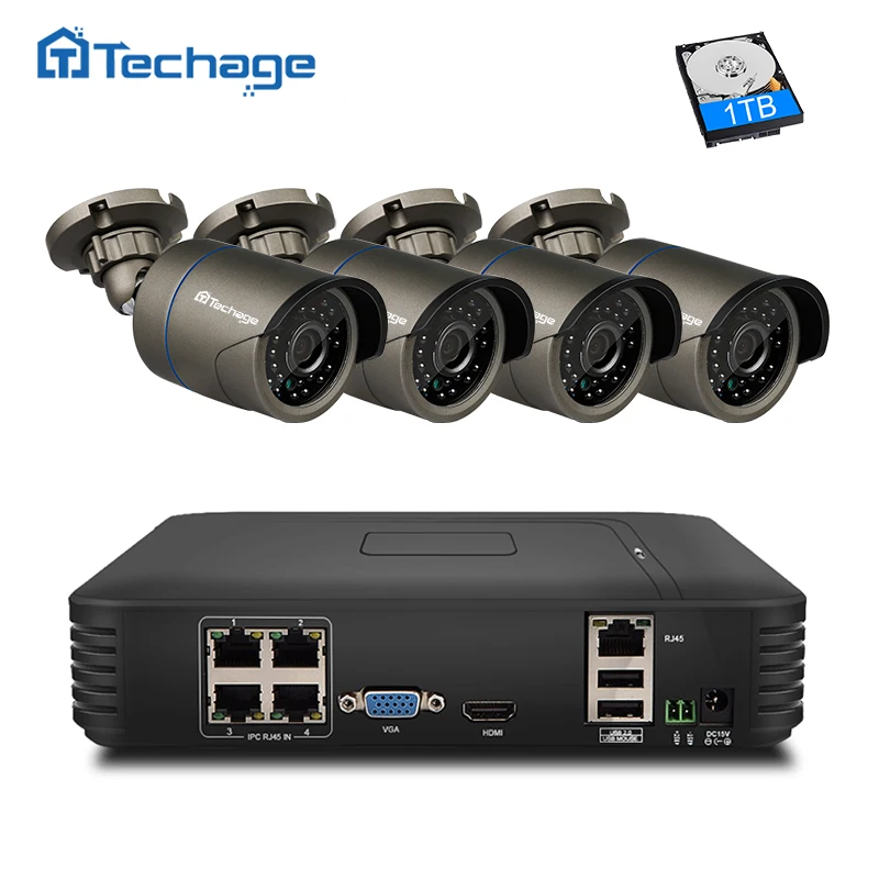 comprar Techage 4CH 1080 p POE NVR Segurança Kit Sistema de Câmera de 720 p 960 p 1080 p CCTV Ao Ar Livre sistema de Vigilância de Vídeo Câmera IP P2P Conjunto