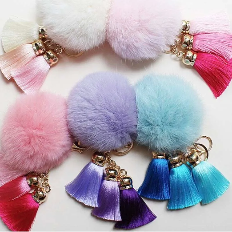 REAL Rabbit Fur Ball Plush Fur Key Chain POM POM Keychain Tassel Pompom Car Bag Keychain Key