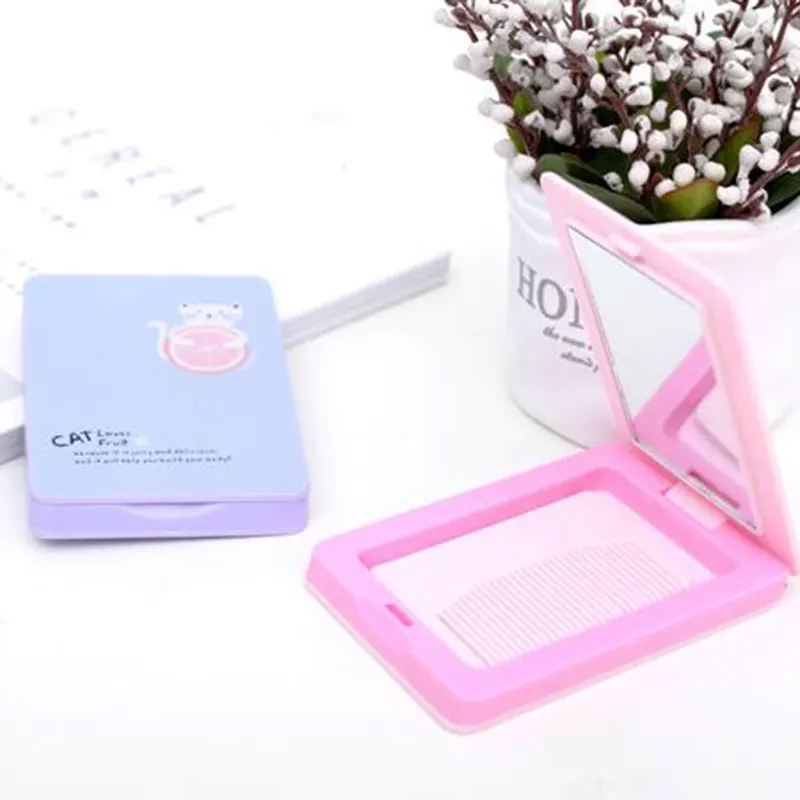 

HUAMIANLI Portable Cat Mirror Comb Set Pink Plastic Folding Mirror Girls Square Make Up Mirror 6.8*8.8cm