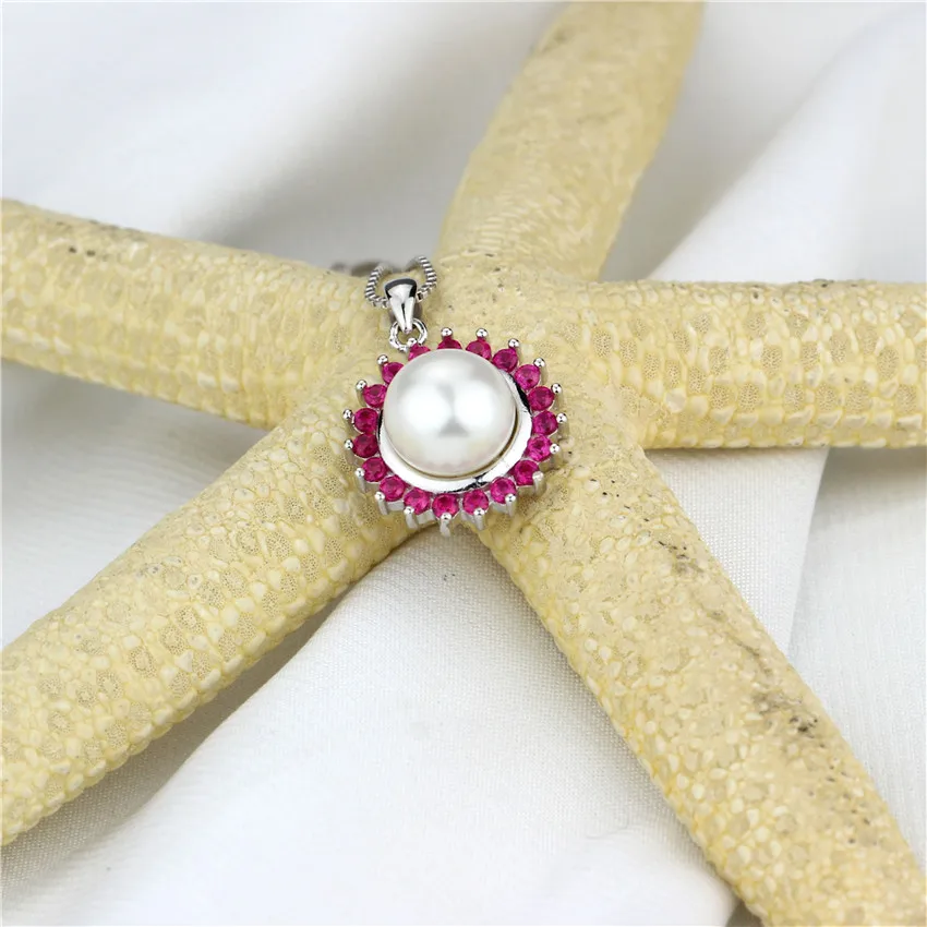 Snh стерлингового серебра 925 Розовое красное ожерелье 9.5-10 мм AAA натуральный белый кнопку Перл Подвеска ювелирные изделия для женские