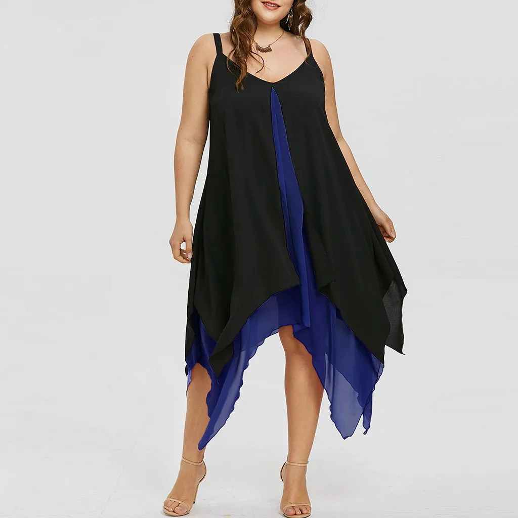

Summer Dress Women Plus Size Chiffon V-Neck Solid Insert Loose Layered High Low Sleeveless Dress Plus Size XXXXL#80