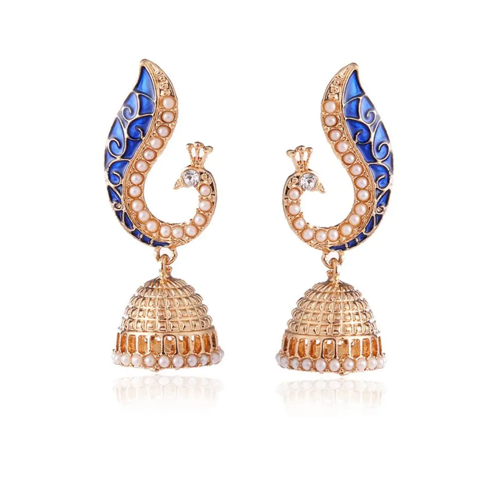 

Gold Pearl Blue Peacock Earrings For Women Fashion Vintage Folk Stud Earrings Indian Jewelry pendientes oorbellen brincos