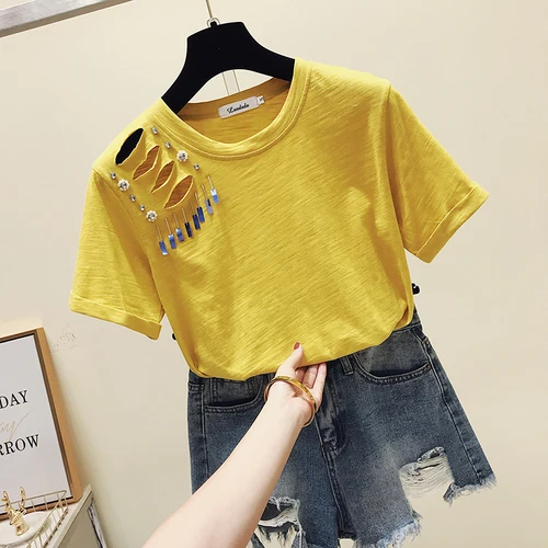 Футболка с коротким рукавом, хлопковые рубашки для женщин, корейский стиль, свободный крой, 2XL, женская футболка с дырками, футболки для студентов, топы - Цвет: Цвет: желтый