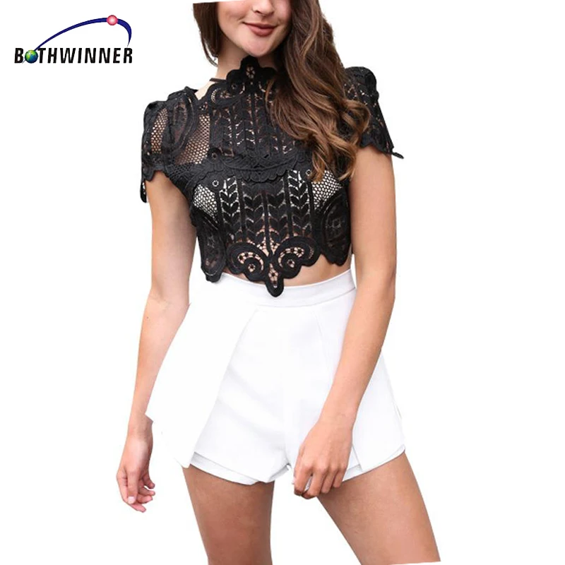 Goede Bothwinner Zomer Stijl Elegante Zwart Kant Haak Crop Top Meisjes Korte Mouw Wit Vrouwen Sexy Holle Tank Tops