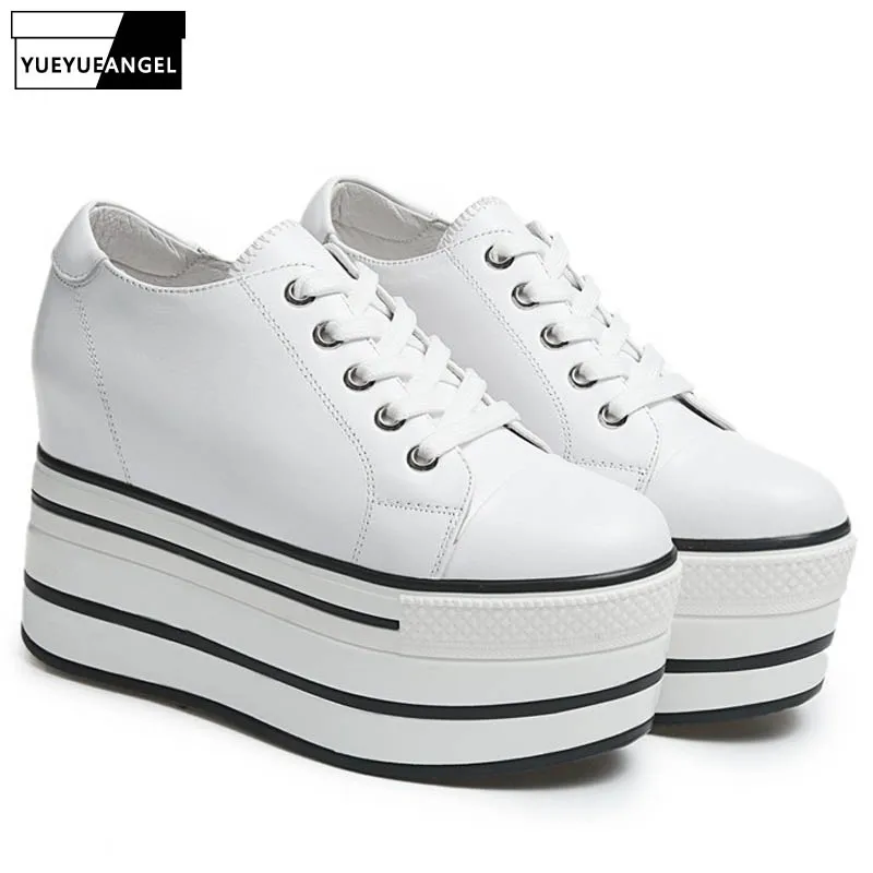 Mädchen High Sneaker Casual Heels Mode Echtem Leder Marke Keile Frauen black Dicken Creeper Schuhe White Lace Aus Pumps Plattform Up Super PCfwpq