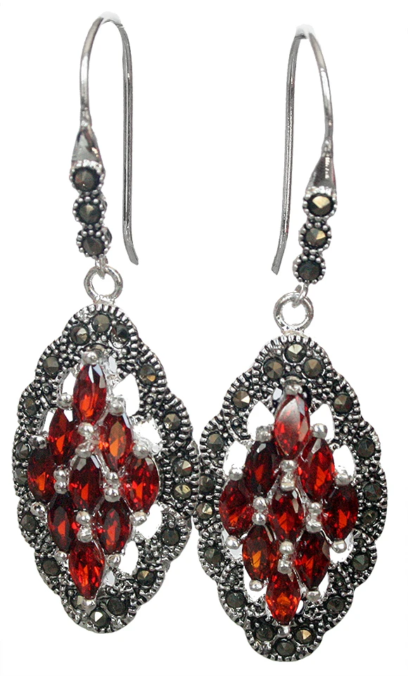 

Genuine 925 Silver Red Crystal Art Style Marcasite Earrings 2