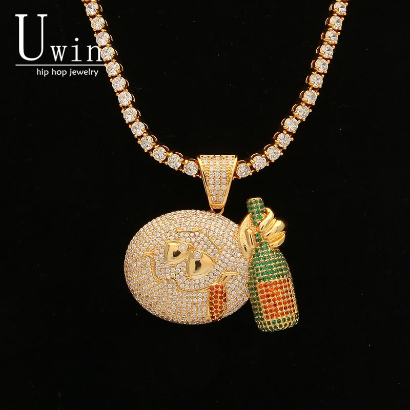 

UWIN Emoji Face Drink Pendant AAA CZ Bling Iced Out Champagn Micro Paved Hip hop Necklace Tennis Chain Men's Hiphop Jewelry