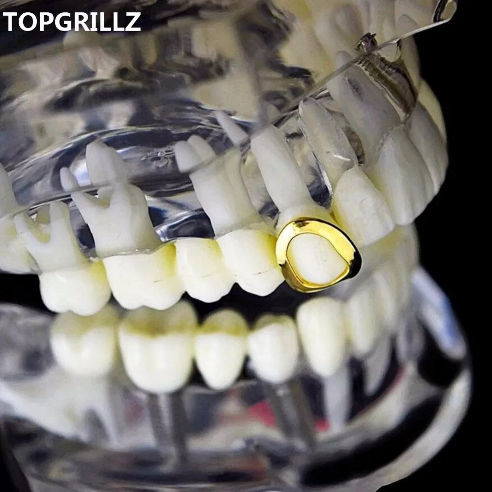 TOPGRILLZ желтое золото цвет покрытием полое открытое лицо Grillz одиночные капы для зубов хип хоп зуб грили для подарка