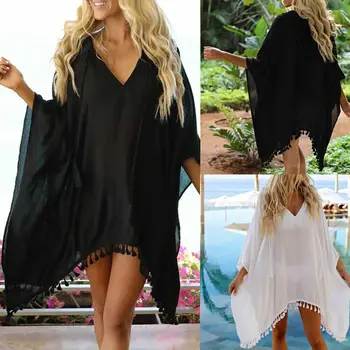 

Sexy Tassel Summer Beach Wear Kaftan Loose Dress Plus Size Women Summer Beachwear Tassel Swimwear Cover Up Sarong