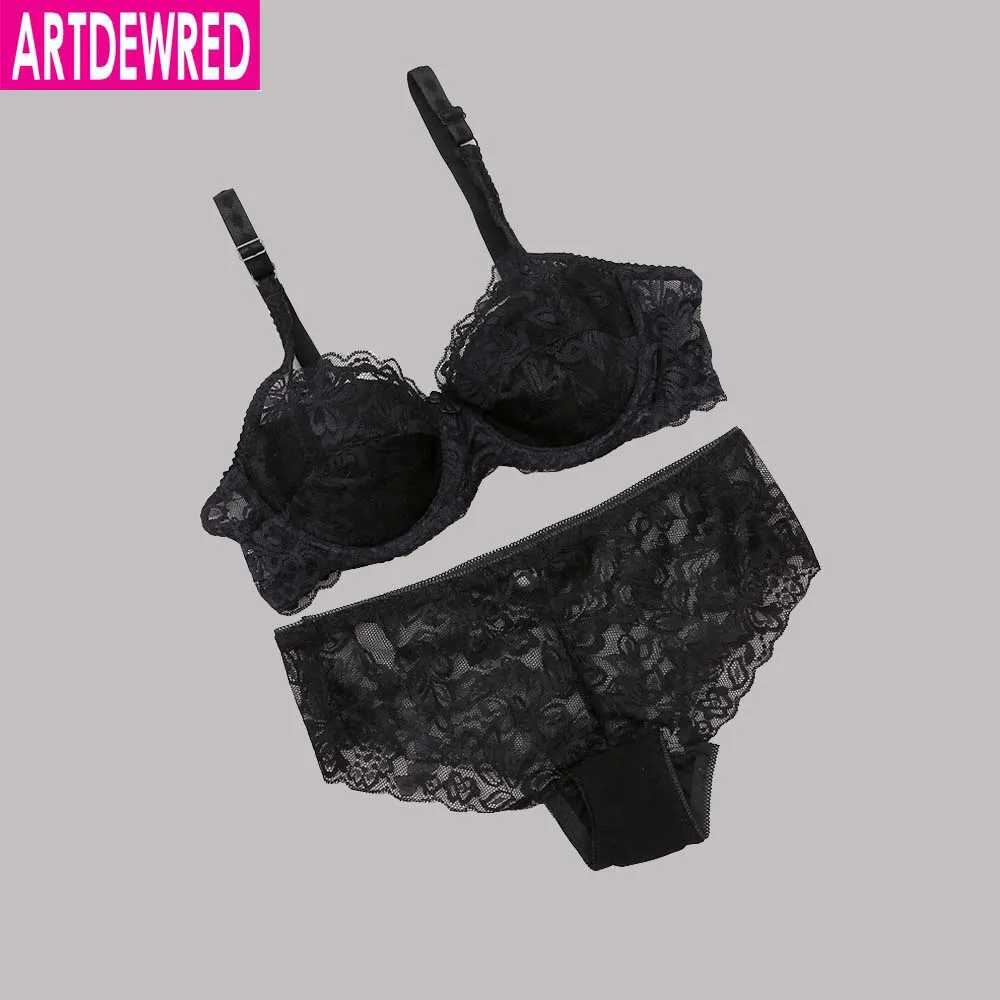 

ARTDEWRED Sexy Ultra-thin bralette set transparent lace bra set girl push up temptation underwear plus size bra and brief sets