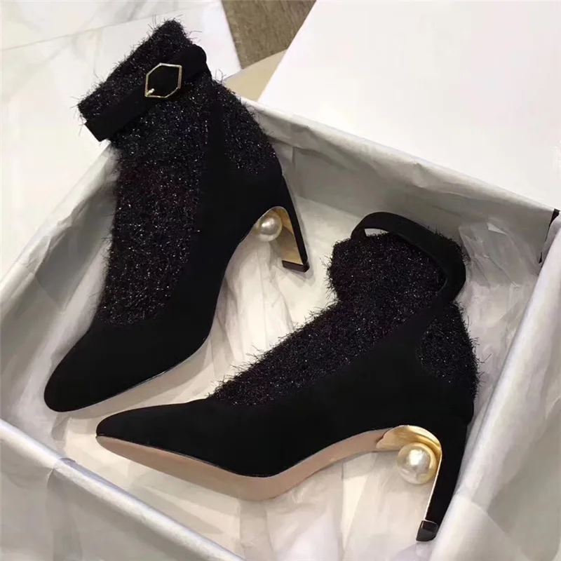 

Hot 2019 Autumn Shoes Woman Suede Ankle Boots High Strange Heels Stretch Fabric Socks Booties Pearls Heels Office Party Shoes