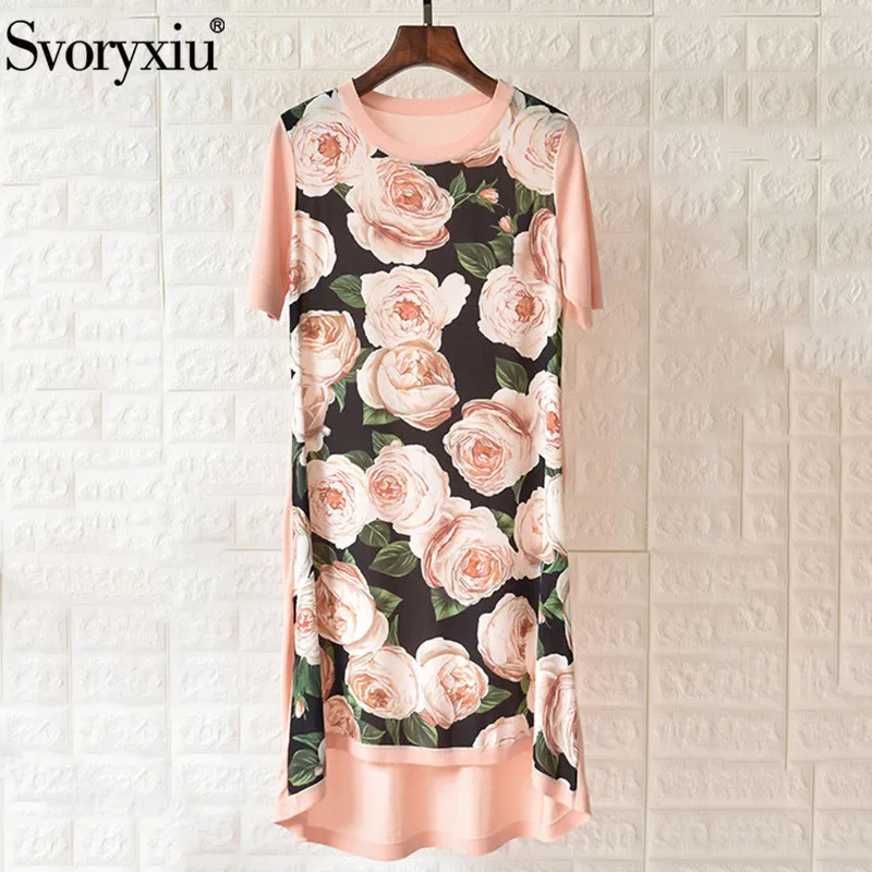 

Svoryxiu Designer Autumn Rose Flower Print Silk Dress Women's Elegant Short Sleeve Knitting Sweater Dress Vestdios