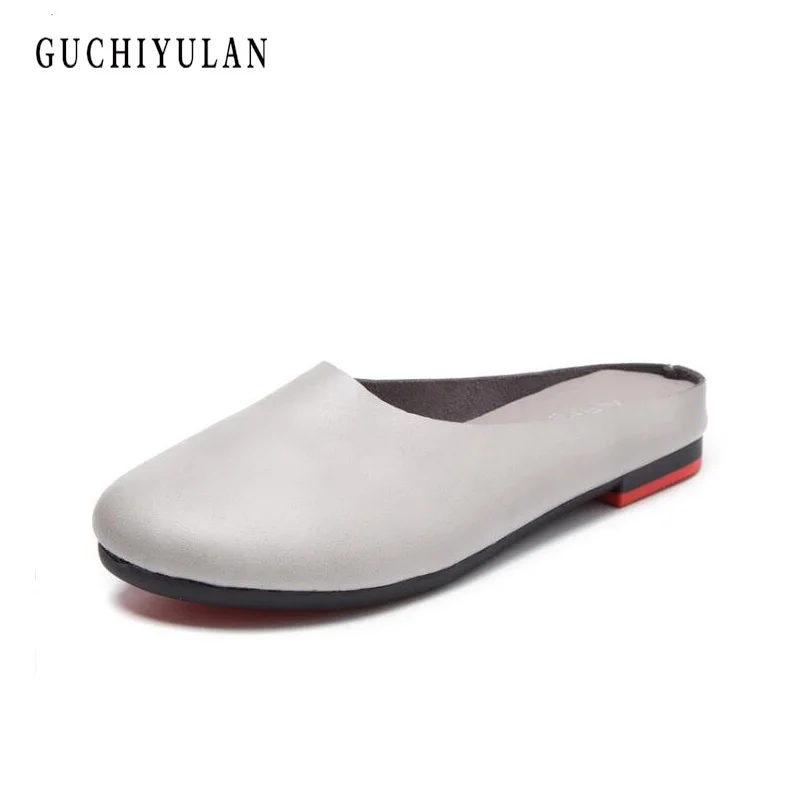 

New woman genuine leather Sandals women round toe solid color cow leather ladies mules shoes four seasons Wearing Lady slippers