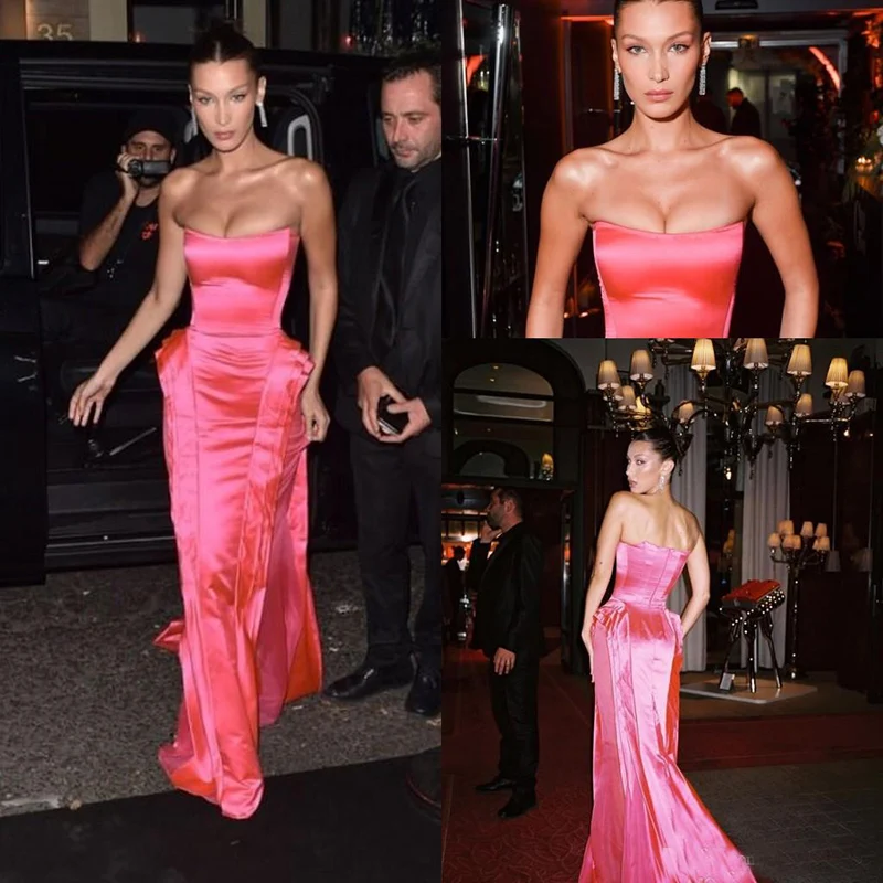hot-pink-strapless-prom-formal-dresses-2019-bella-hadid-modest-ruffles-skirt-full-length-red-carpet-celebrity-dress-evening-party-gown-wear
