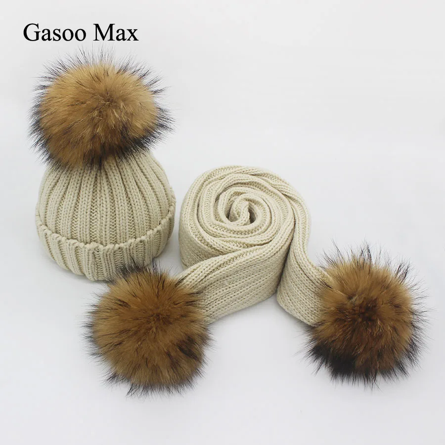 Children Knitted Scarf and Hat Set Winter Real Fur Pom For Boys Girls