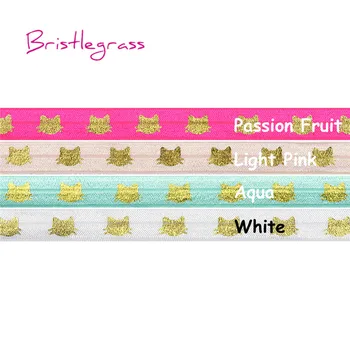 

BRISTLEGRASS Wholesale 50 Yard 5/8" 15mm Cat Gold Foil Print Fold Over Elastics FOE Spandex Satin Band Headband Dress DIY Sewing