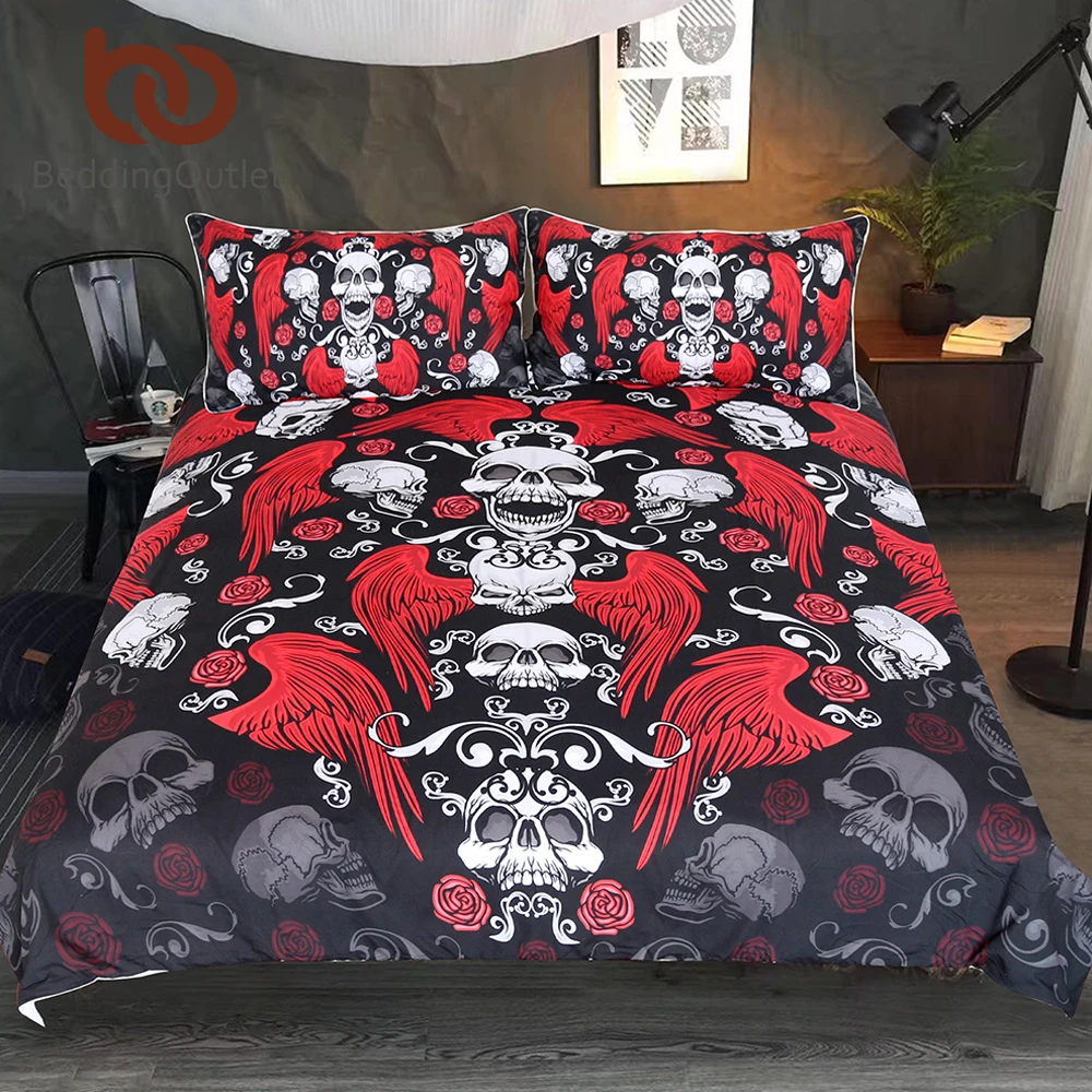 Us 26 04 44 Off Beddingoutlet Skull With Wings Bedding Set Roses Gothic Duvet Cover 3pcs Hippie Red Black White Adults Bedspread Vintage Bed Set In