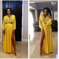 new hot&sexy long sleeves v neck high slit yellow pleats chiffon long evening dresses prom dress vestido de festa longo 2015